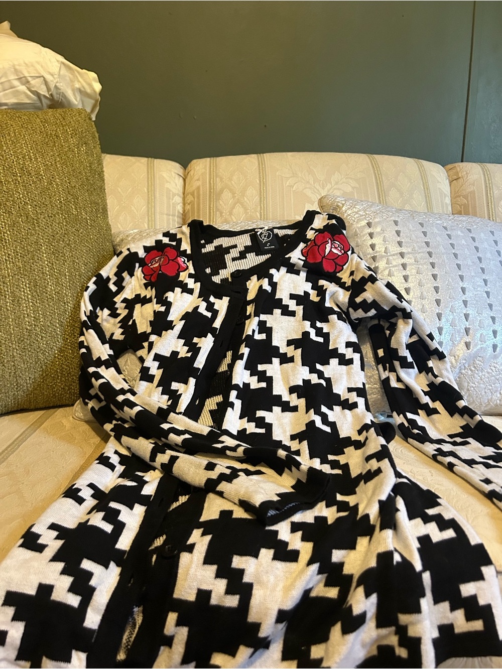 Iron Fist Black & White Houndstooth Cardigan with Red Rose Embroideries
